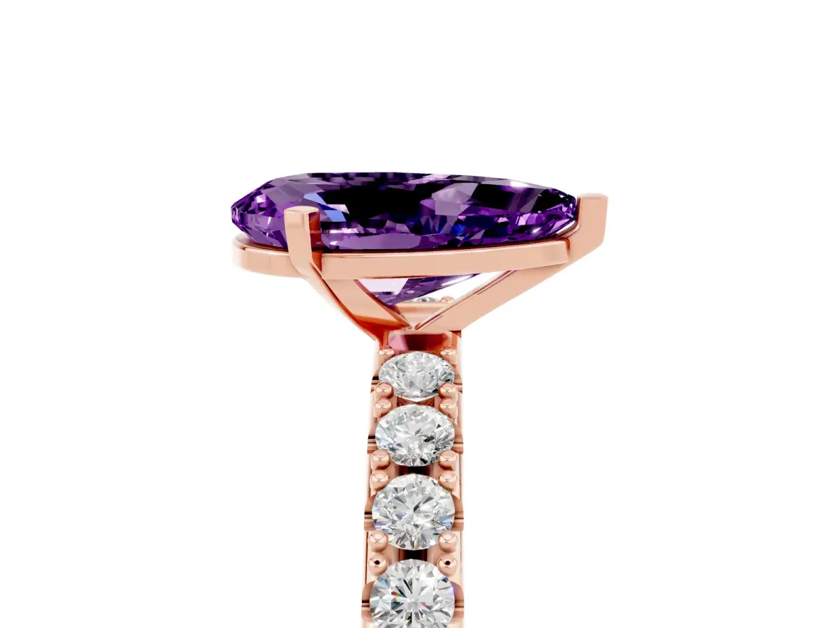 Pear Cut Amethyst Solitaire Pavé Band with Four-Prong Setting Rose gold