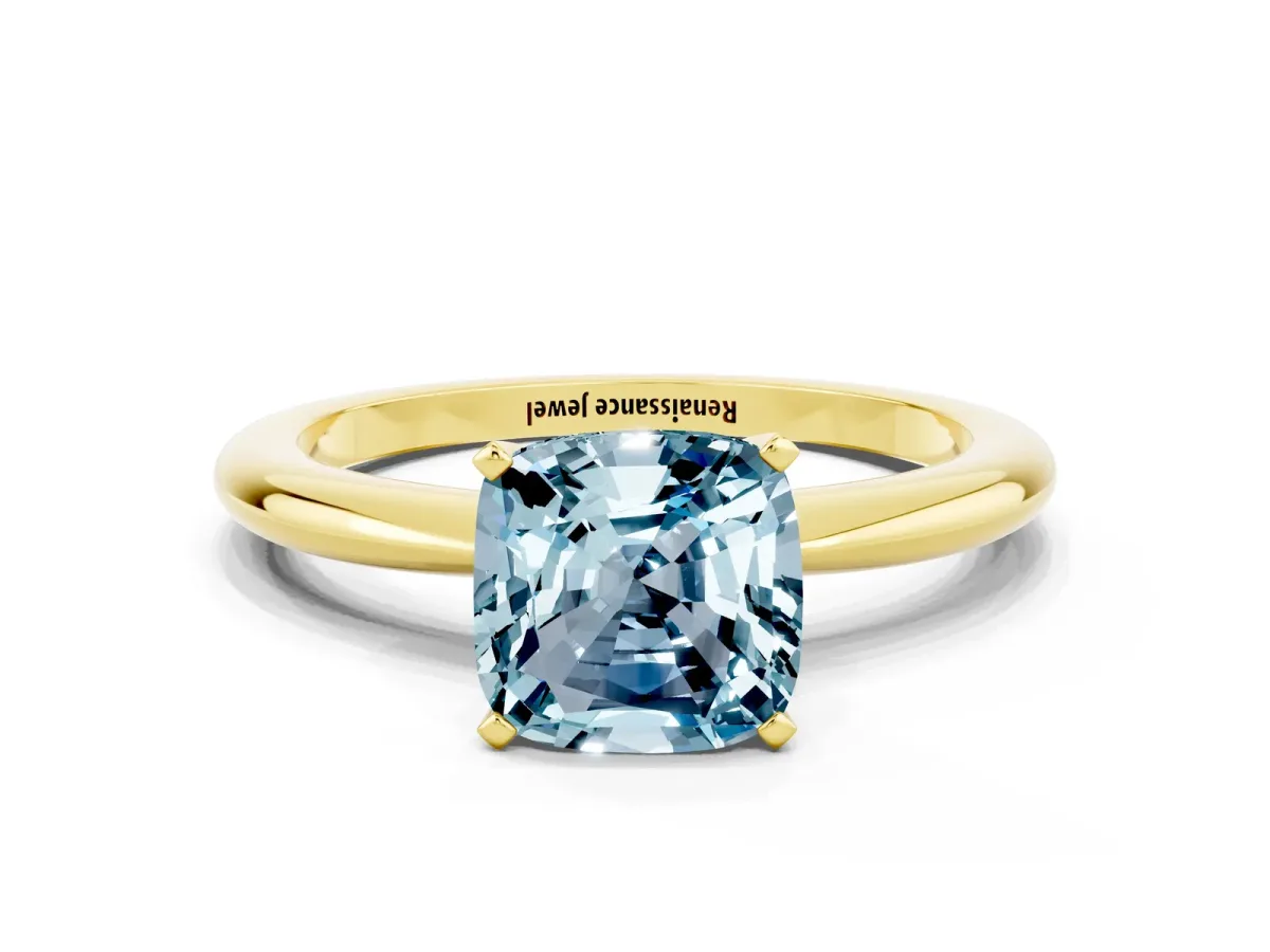 Cushion Cut Aquamarine Solitaire Ring with Six-Prong Setting and Classic Band Yellow gold