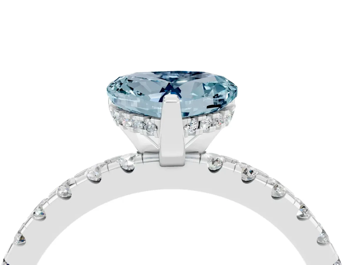 Heart Cut Aquamarine Solitaire Ring with Round Pavé Band and Four-Prong Setting White gold