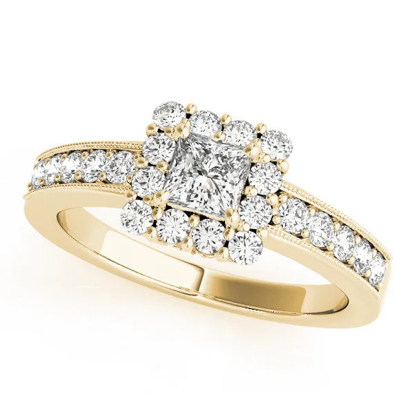Round Cut Cut Halo Diamond Pavé Engagement Ring with Milgrain Detailing Yellow gold