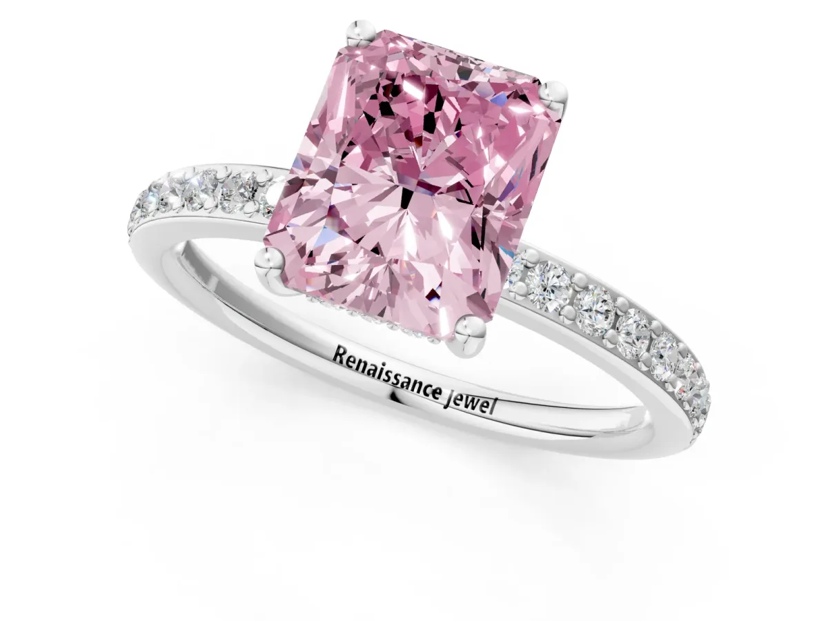 Fancy Pink Radiant Cut Cut Diamond Pavé Band Ring with Four-Prong Setting Platinum