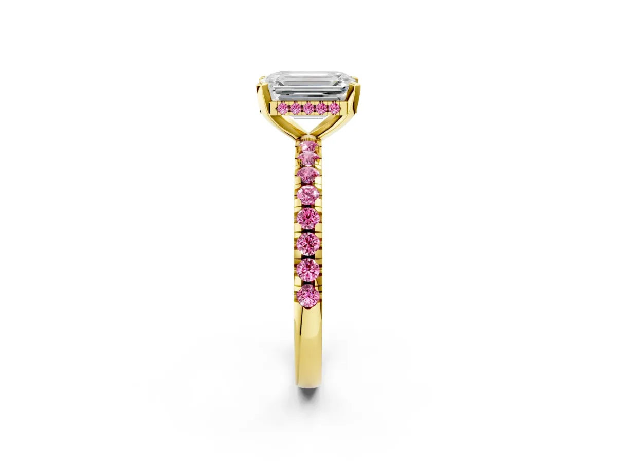 Emerald Cut Diamond Solitaire Ring with Round Pink Sapphire Pavé Band and Four-Prong Setting Yellow gold