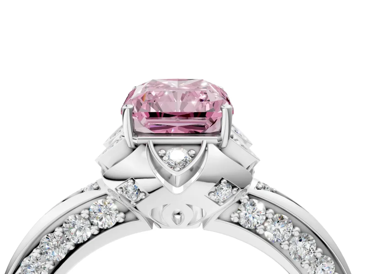 Fancy Pink Radiant Cut Halo Split Shank Pave Diamond Ring with Petal Prong Setting Platinum