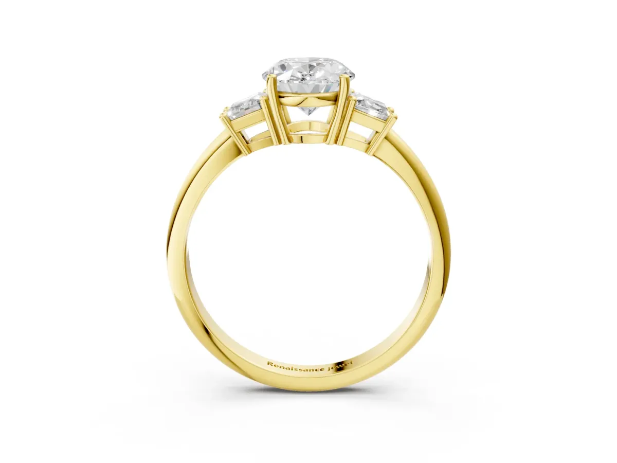 Oval Cut Diamond Three-Stone Ring with Trapezoid Side Stones and Prong Setting Yellow gold