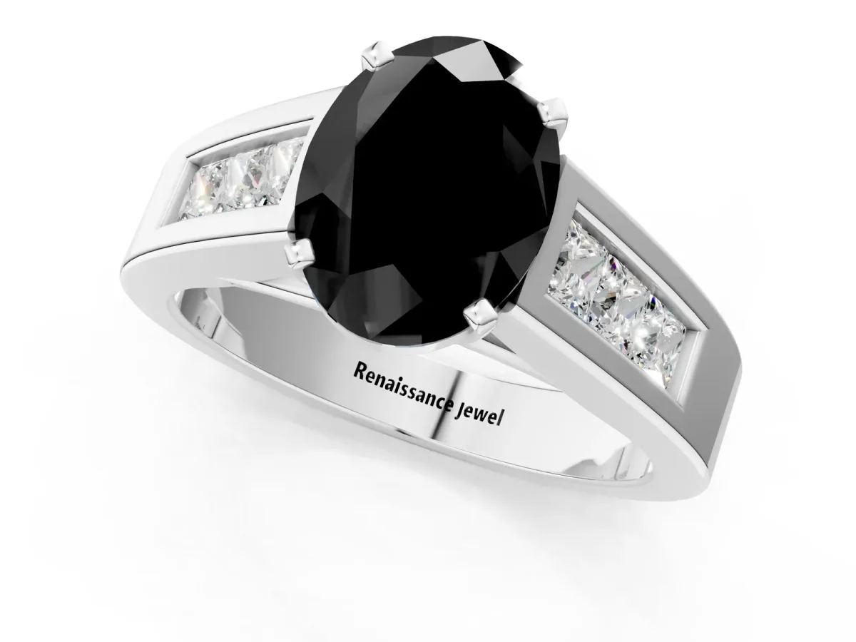 Fancy Black Oval Cut Cut Channel Set Solitaire Ring with Four-Prong Setting Platinum