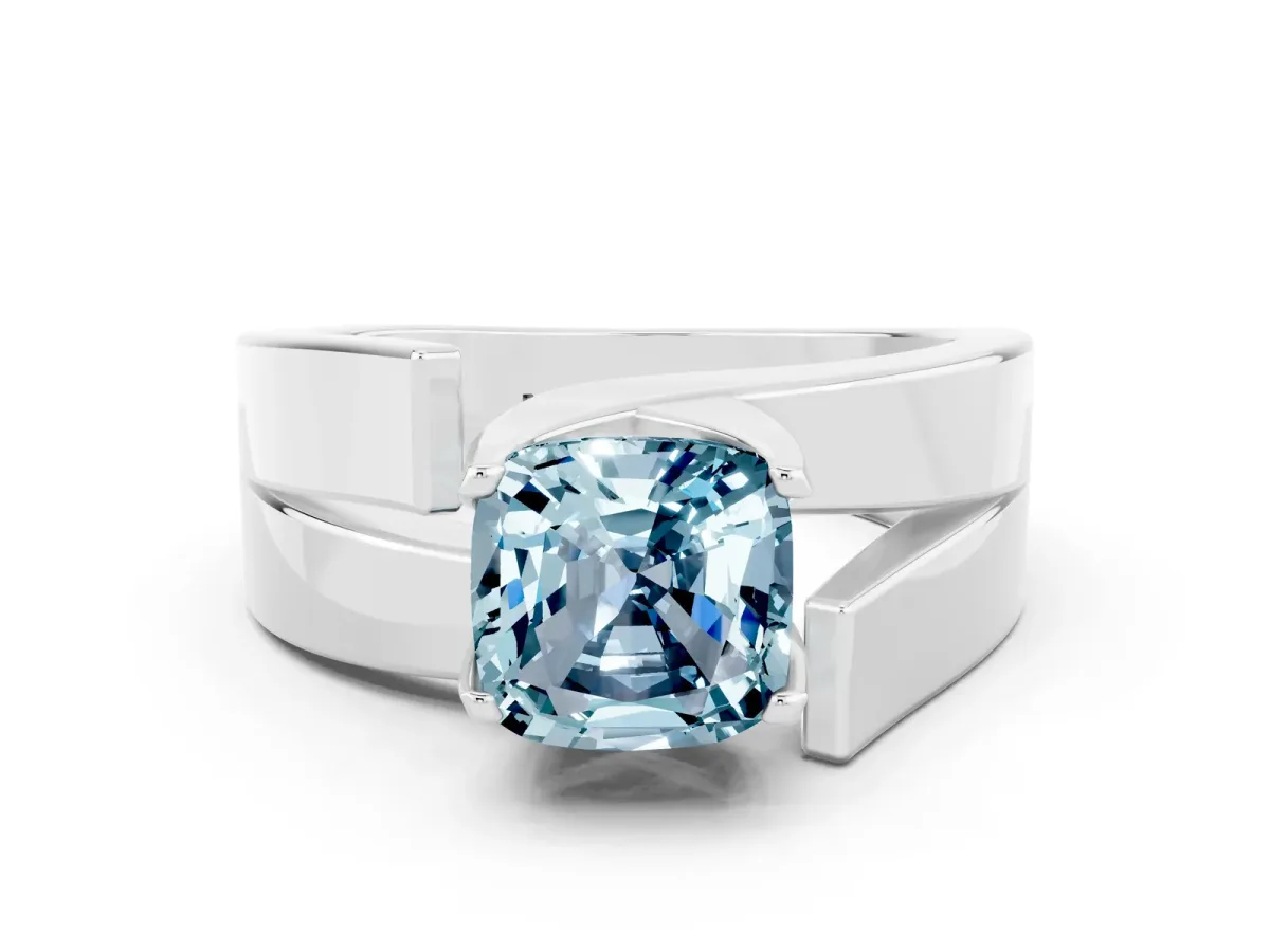 Modern Tension Set Cushion Cut Aquamarine Solitaire Wide Band Ring White gold