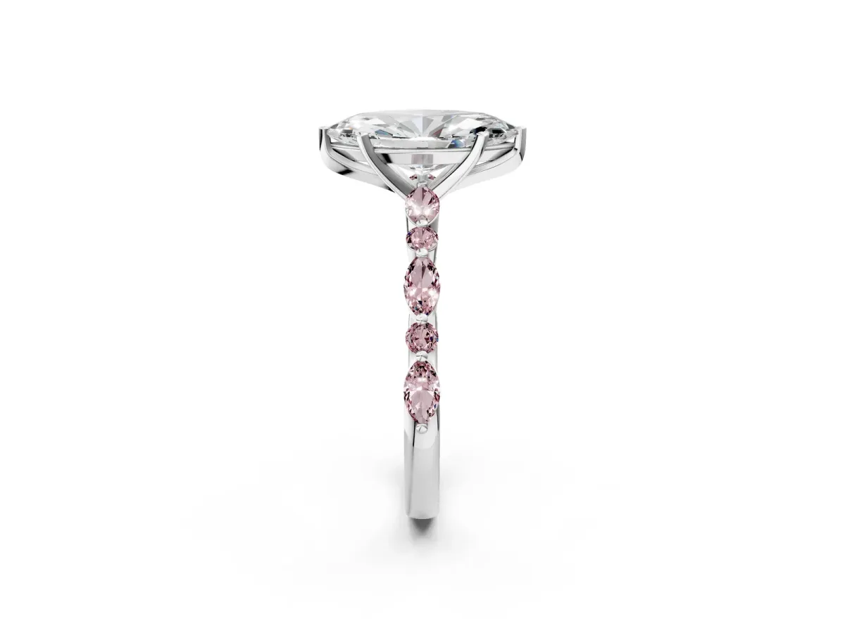Marquise Cut Diamond Ring with Marquise and Round Morganite Side Stones and Four-Prong Setting White gold
