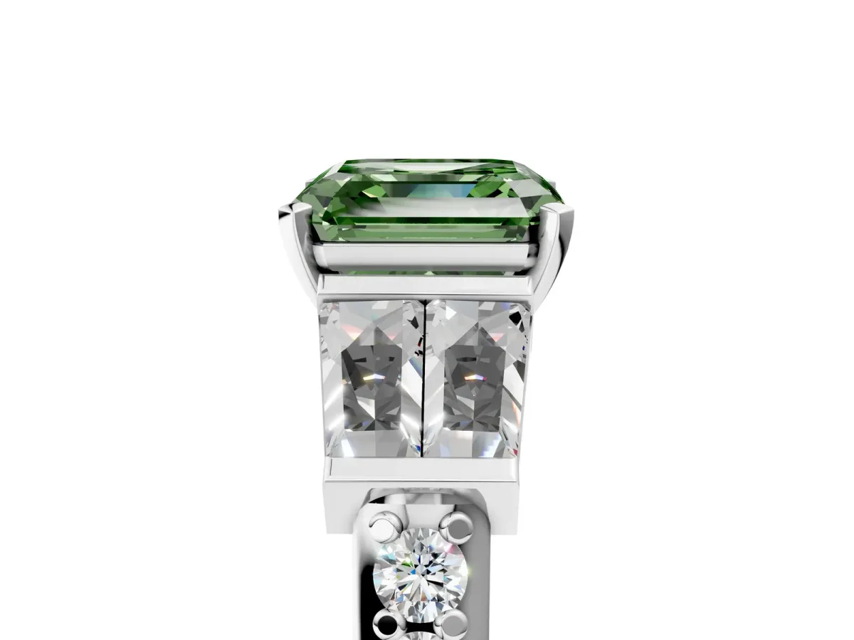 Fancy Green Asscher Cut Diamond Engagement Ring with Baguette Side Stones and Channel Set Band Platinum