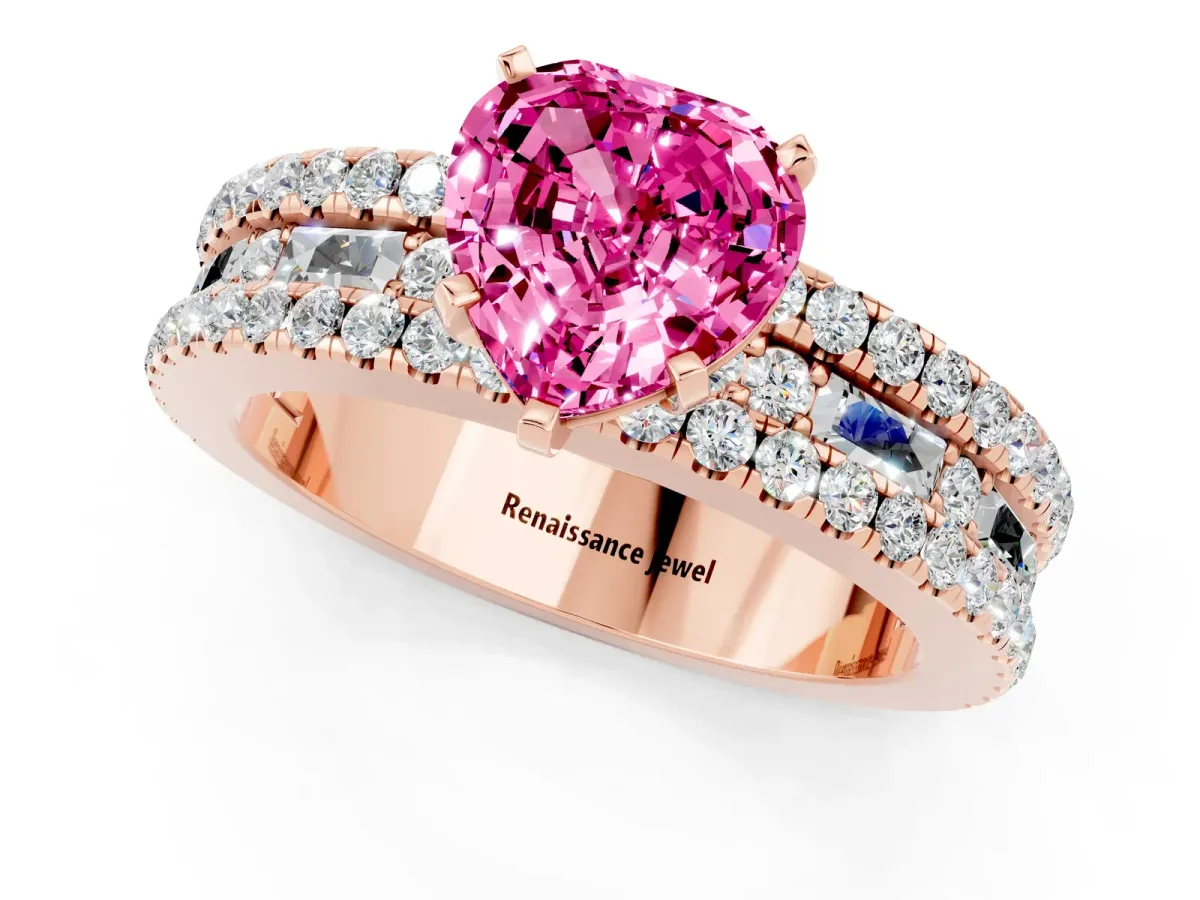 Heart Cut Pink Sapphire Solitaire Ring with Pavé and Channel Set Band Rose gold