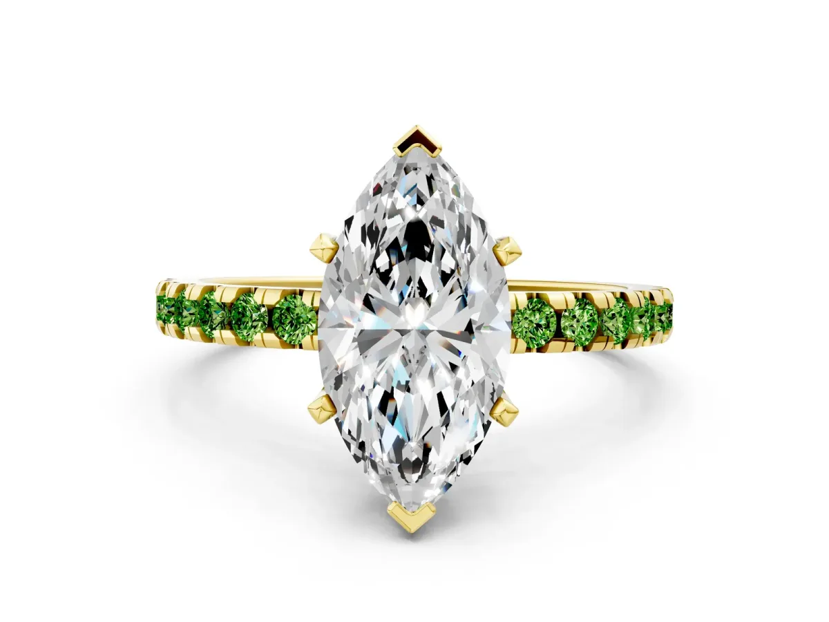 Marquise Cut Diamond Solitaire Ring with Round Peridot Pavé Band and Four-Prong Setting Yellow gold