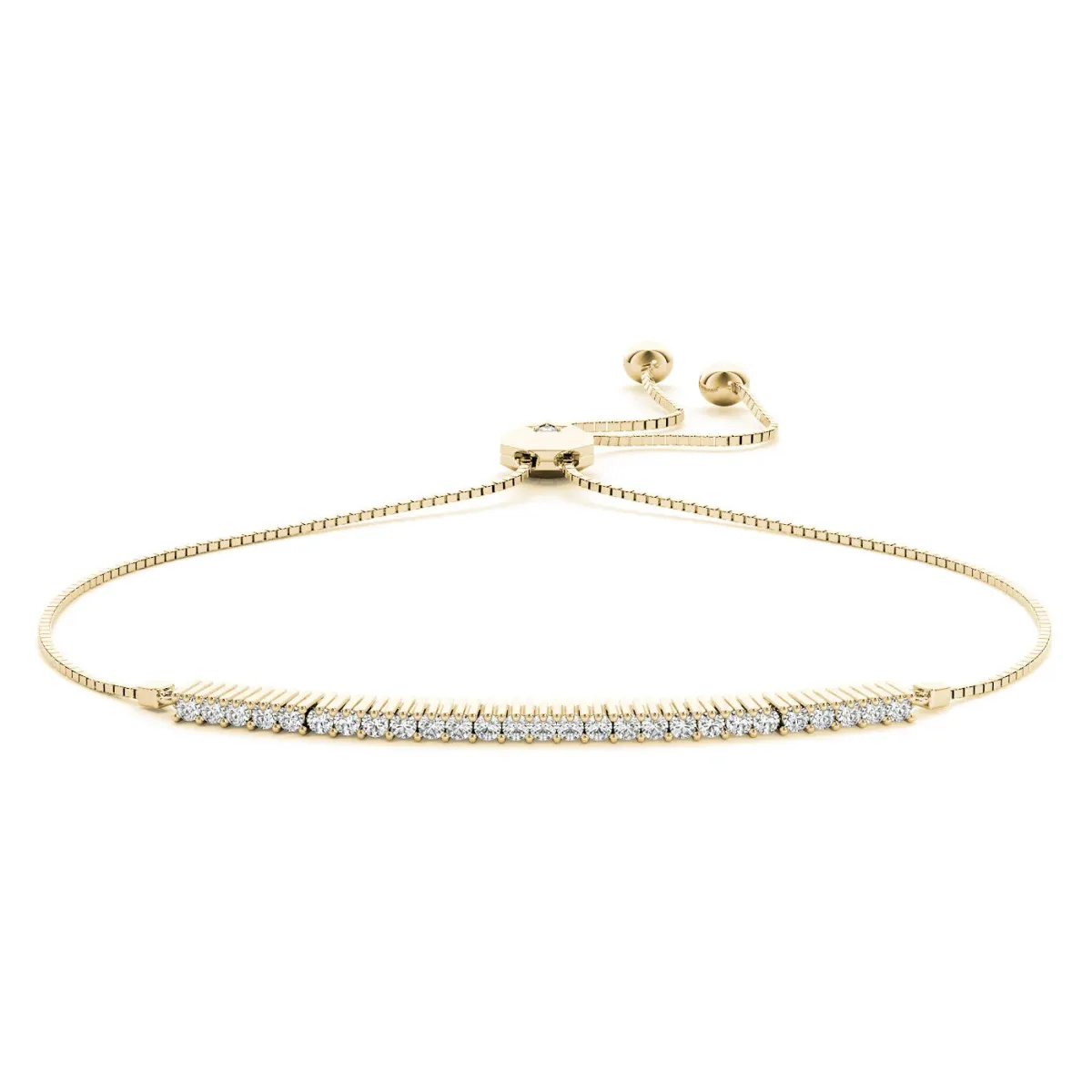 Round Diamond Tennis Bracelet with Box Chain and Bar Prong Setting Yellow gold