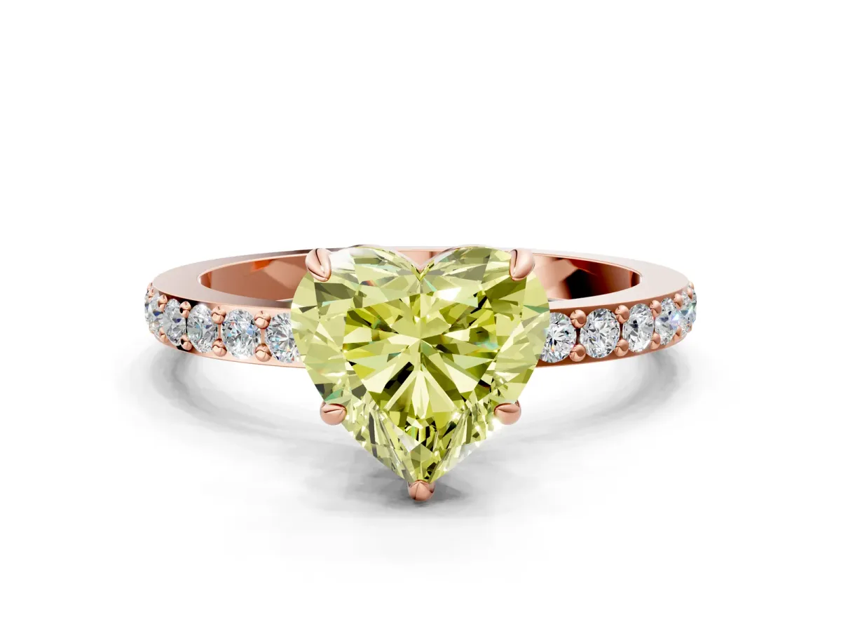 Fancy Yellow Heart Cut Diamond Solitaire Engagement Ring with Pavé Band and Four-Prong Setting Rose gold