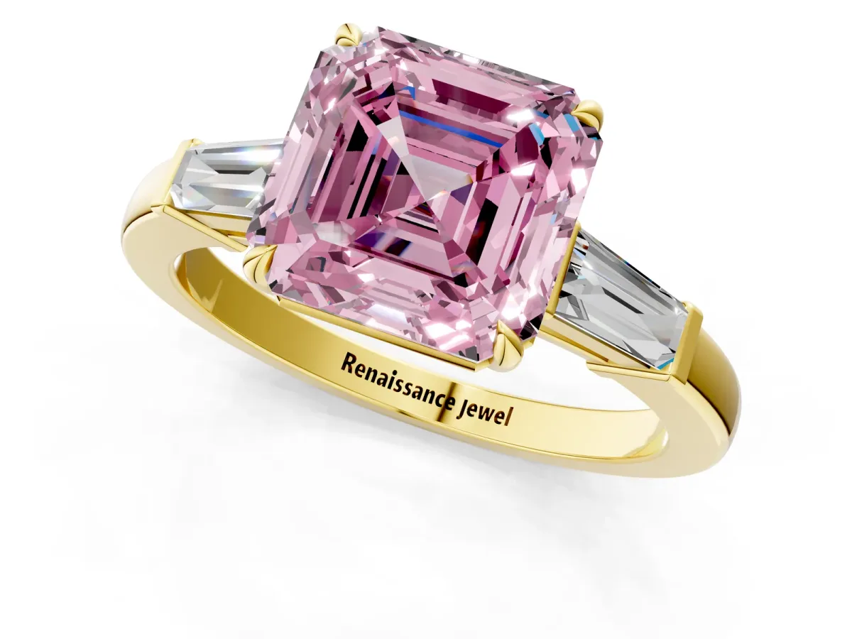 Fancy Pink Asscher Cut Diamond Three-Stone Ring with Tapered Baguette Side Stones and Prong Setting Yellow gold