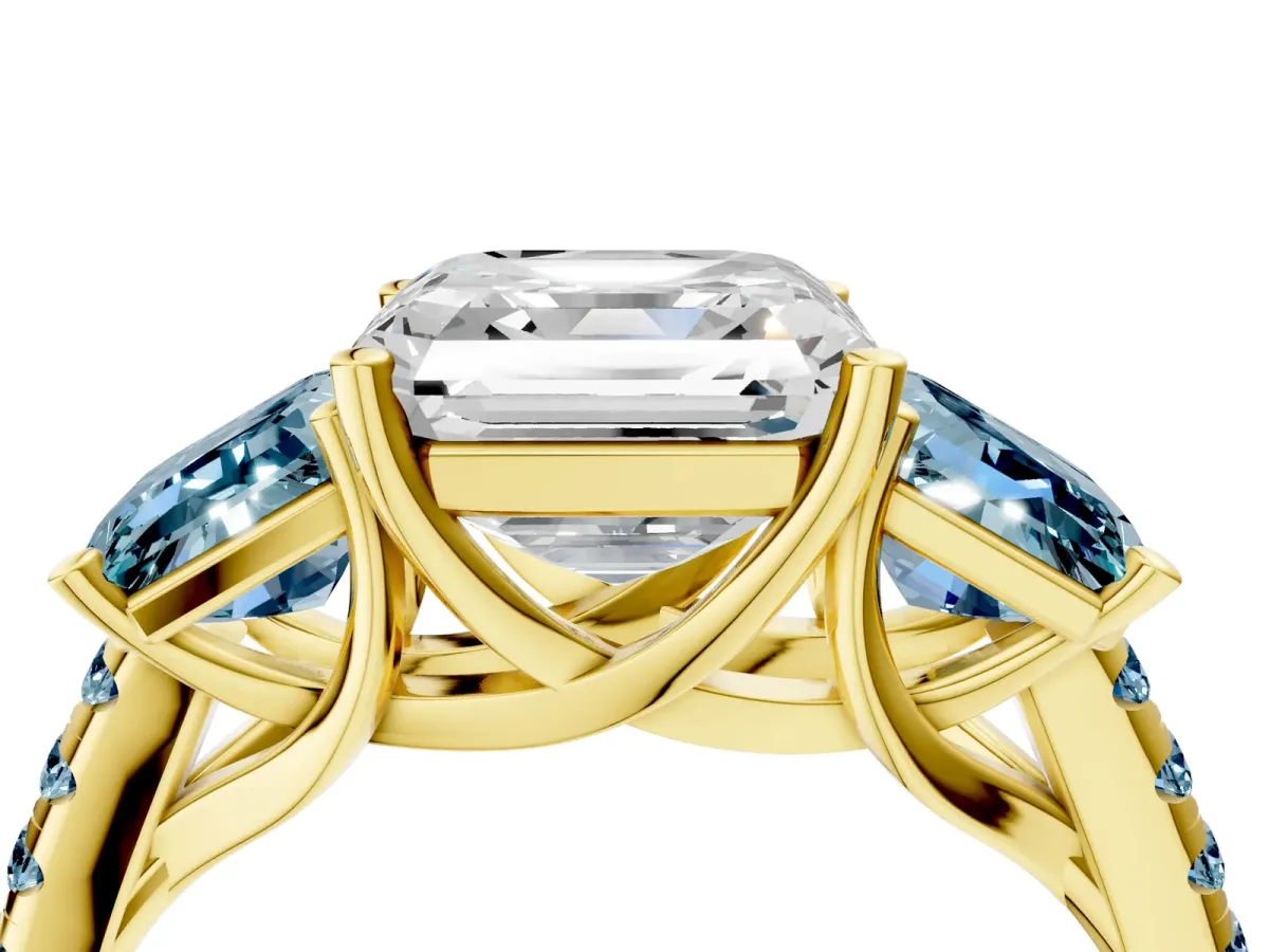 Three-Stone Asscher Cut Diamond Ring with Round Aquamarine Pavé Band and Prong Setting Yellow gold