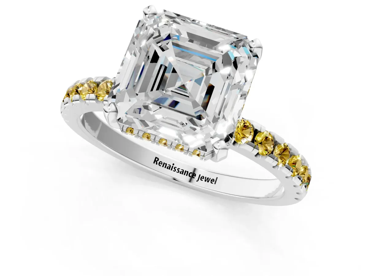 Asscher Cut Diamond Solitaire Ring with Round Yellow Sapphire Pavé Band and Four-Prong Setting White gold