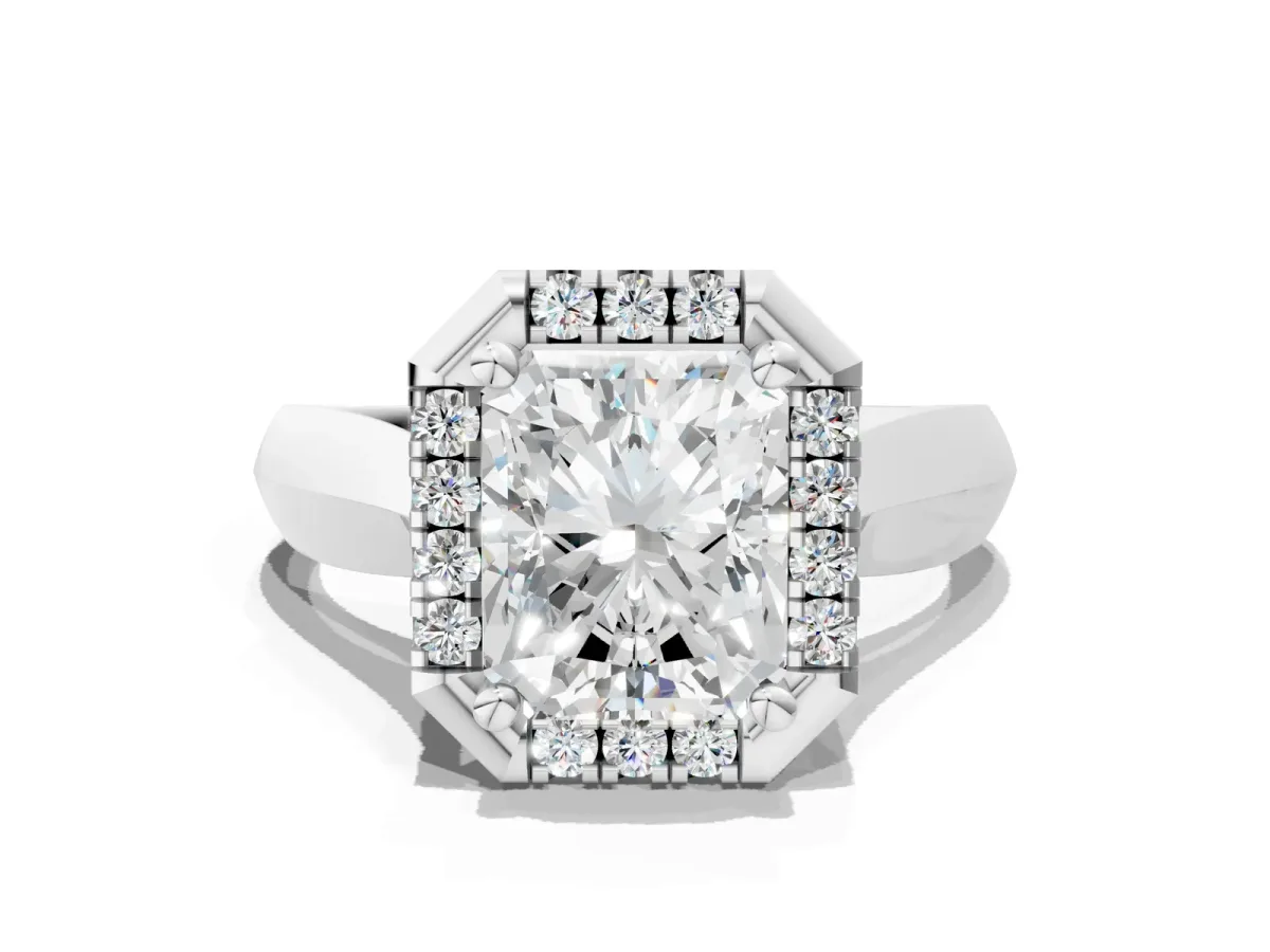Radiant Cut Cut Halo Solitaire Engagement Ring with Square Band and Four-Prong Setting White gold