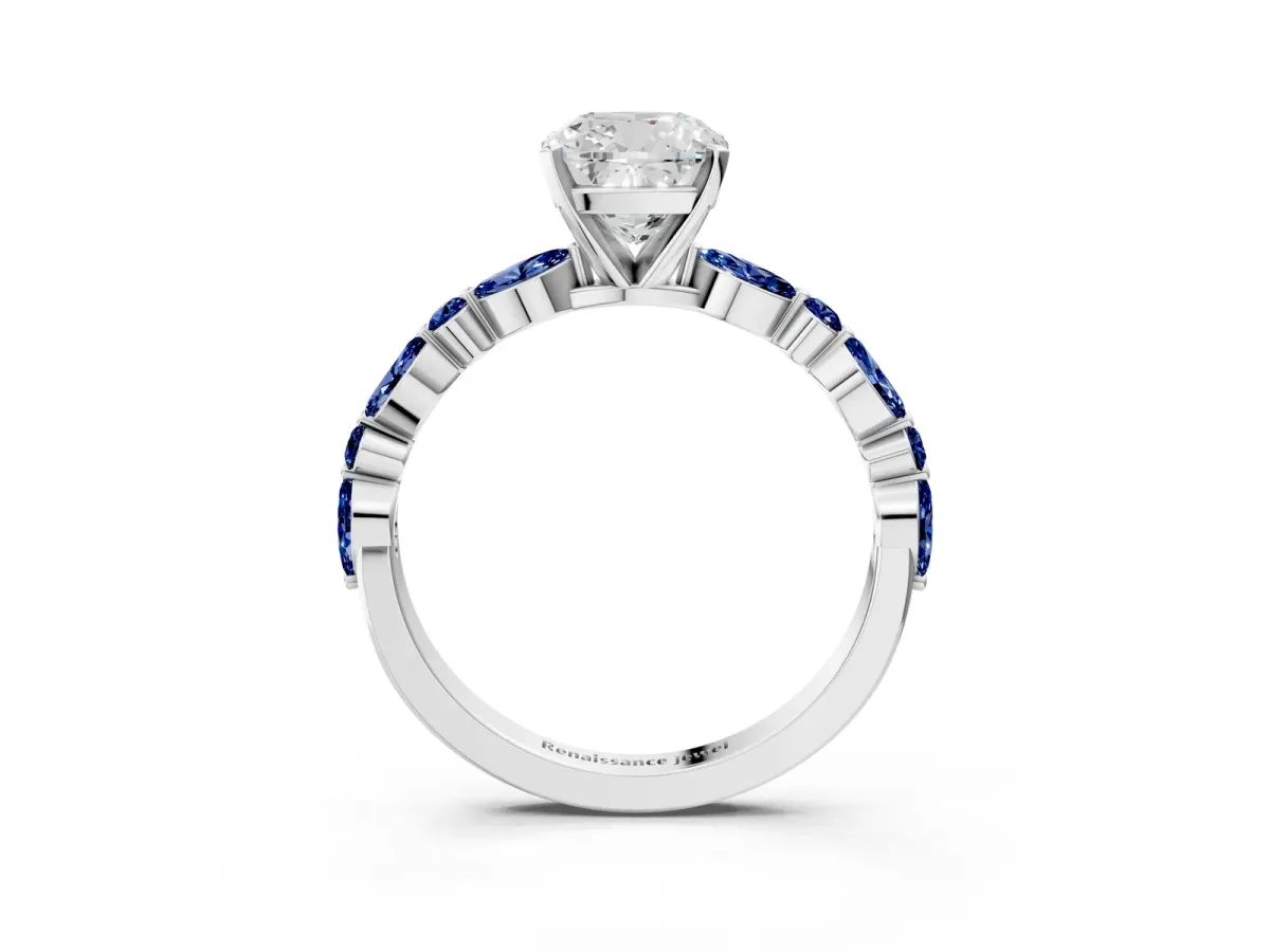 Cushion Cut Diamond Ring with Marquise and Round Blue Sapphire Side Stones and Four-Prong Setting White gold