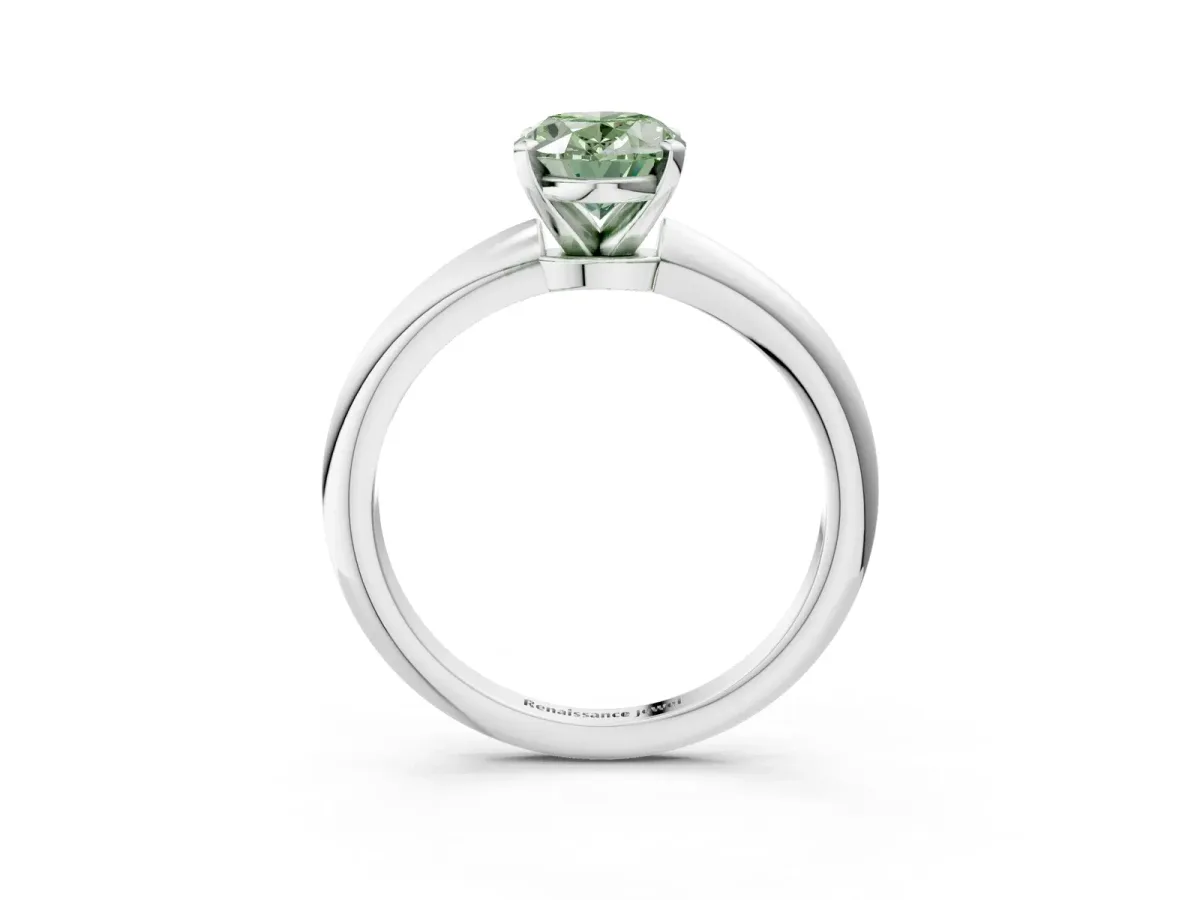 Fancy Green Oval Cut Diamond Solitaire Ring with Six-Prong Setting and Classic Band Platinum