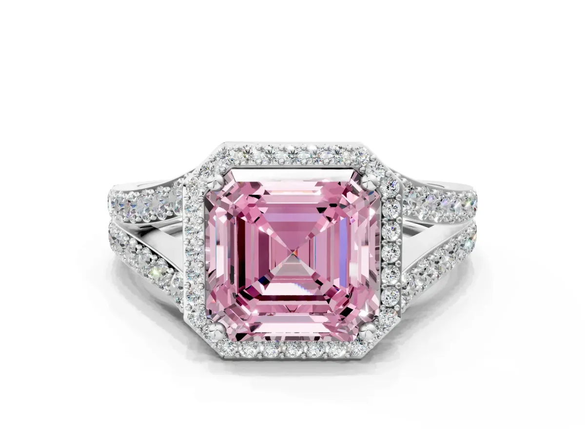 Fancy Pink Asscher Cut Diamond Split Shank Halo Ring with Four-Prong Setting Platinum