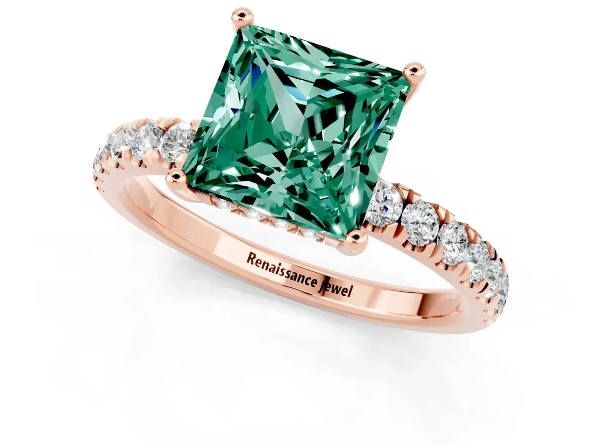 Princess Cut Green Sapphire Pave Band Solitaire Ring with Round and Prong Setting Rose gold