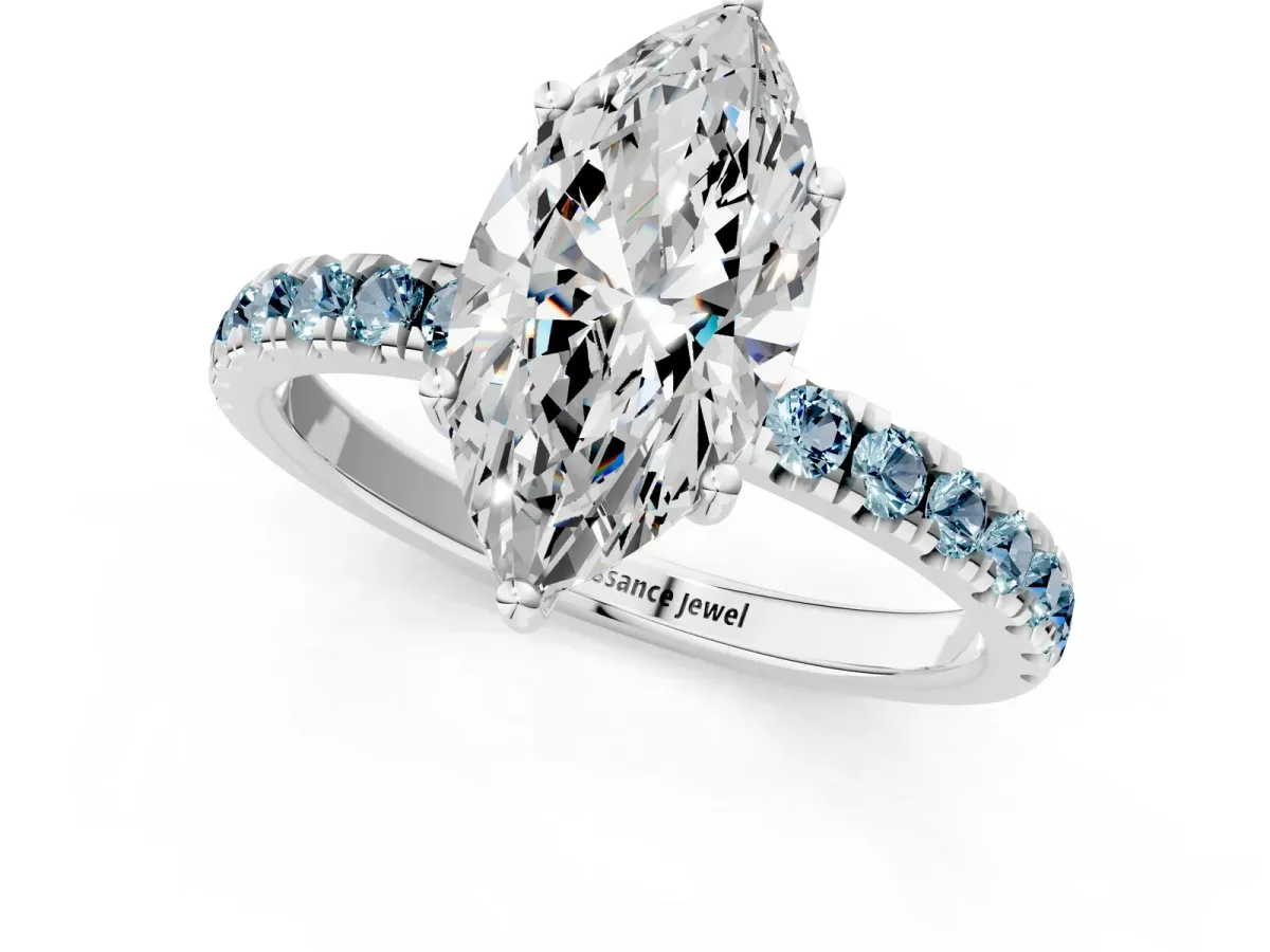 Marquise Cut Diamond Pave Band Solitaire Ring with Round Aquamarine and Prong Setting White gold