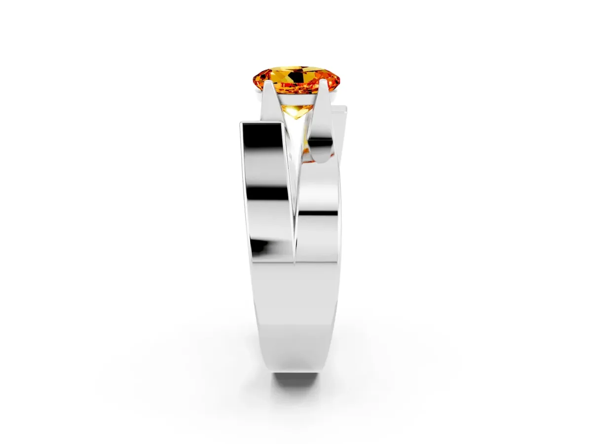 Modern Tension Set Round Cut Citrine Solitaire Wide Band Ring Silver