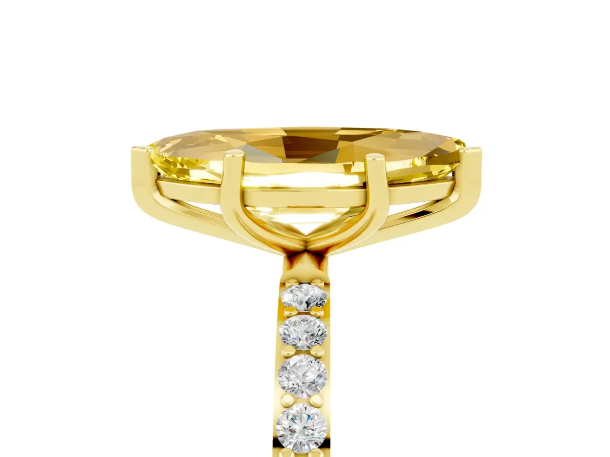 Marquise Cut Yellow Sapphire Solitaire Ring with Round Pavé Band and Prong Setting Yellow gold