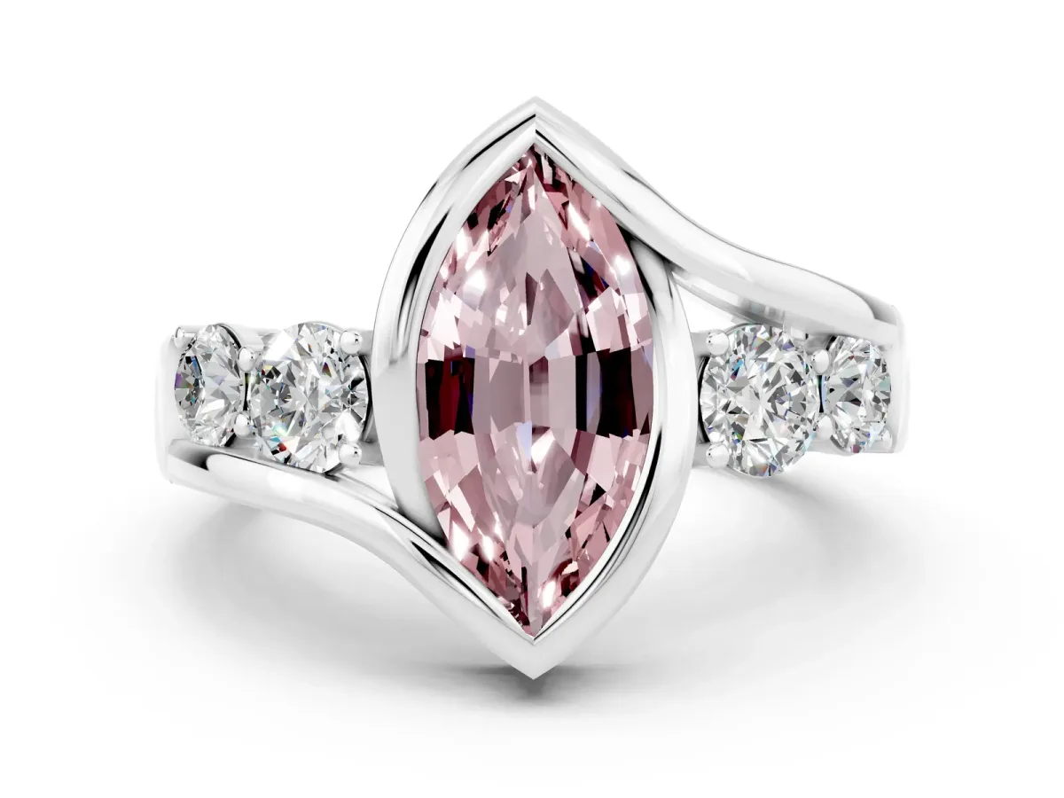 Bezel Set Marquise Cut Morganite Bypass Ring with Round Accents Silver