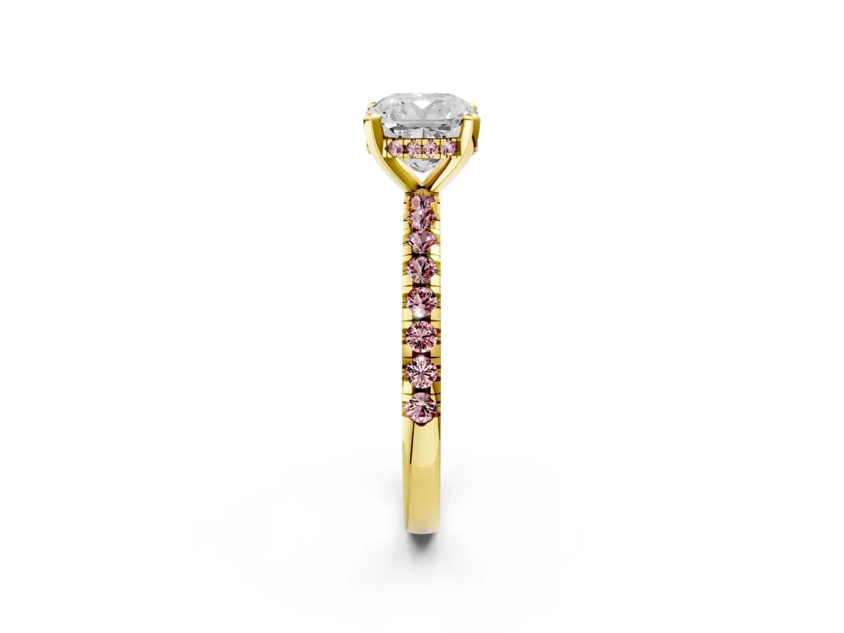 Cushion Cut Diamond Solitaire Ring with Round Morganite Pavé Band and Four-Prong Setting Yellow gold