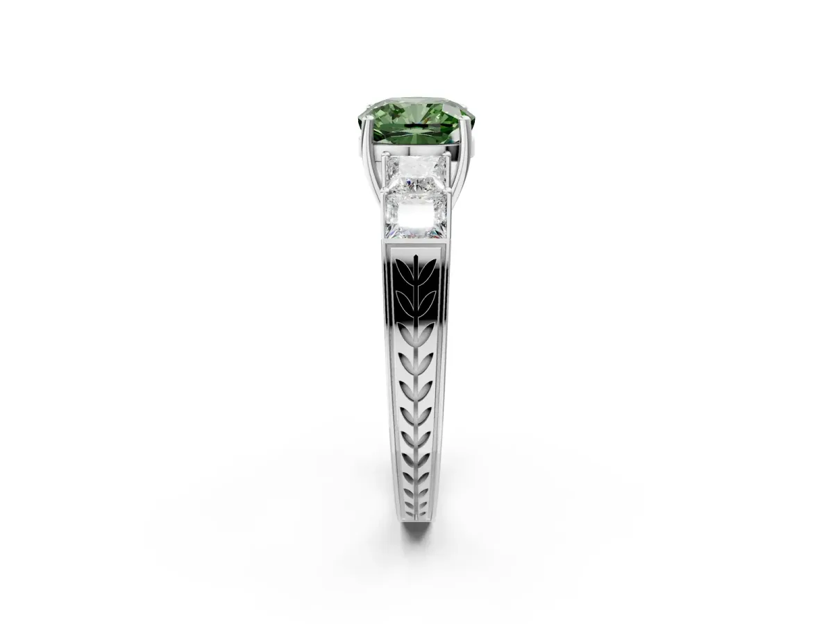 Fancy Green Cushion Cut Solitaire Princess Side Stone Engraved Band Prong Setting Ring Silver