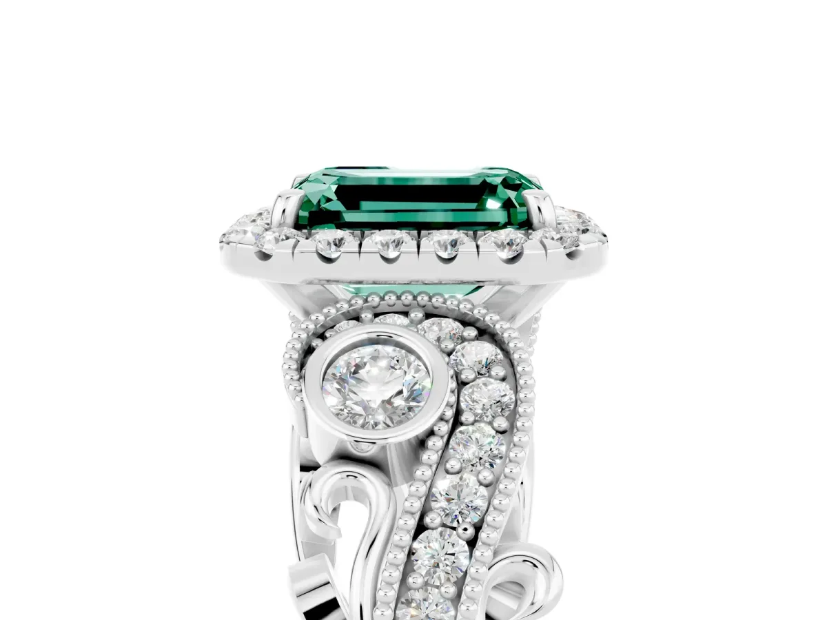 Emerald Cut Green Sapphire Halo Ring with Milgrain Pavé Band and Four-Prong Setting White gold