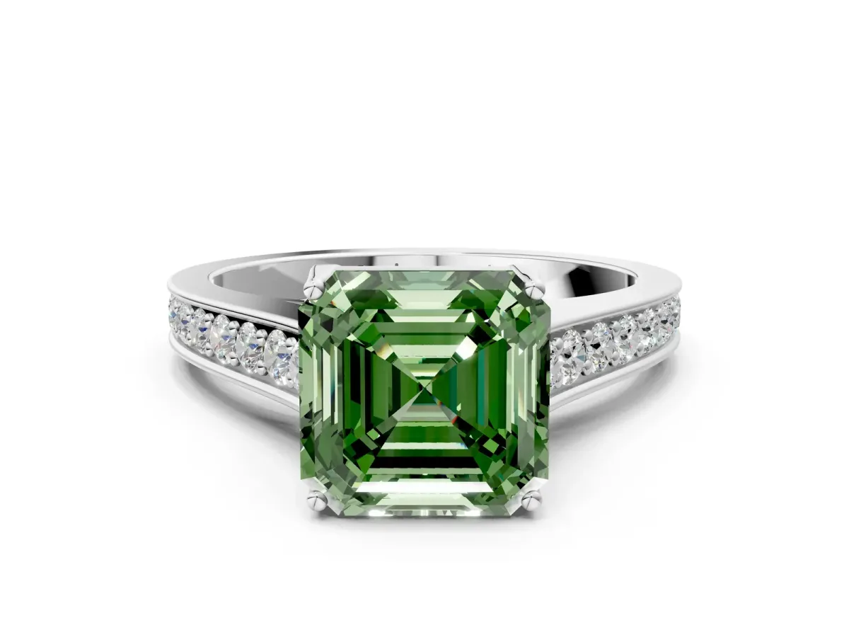 Fancy Green Asscher Cut Brilliant Cut Diamond Engagement Ring with Pavé Band and Four-Prong Setting Platinum