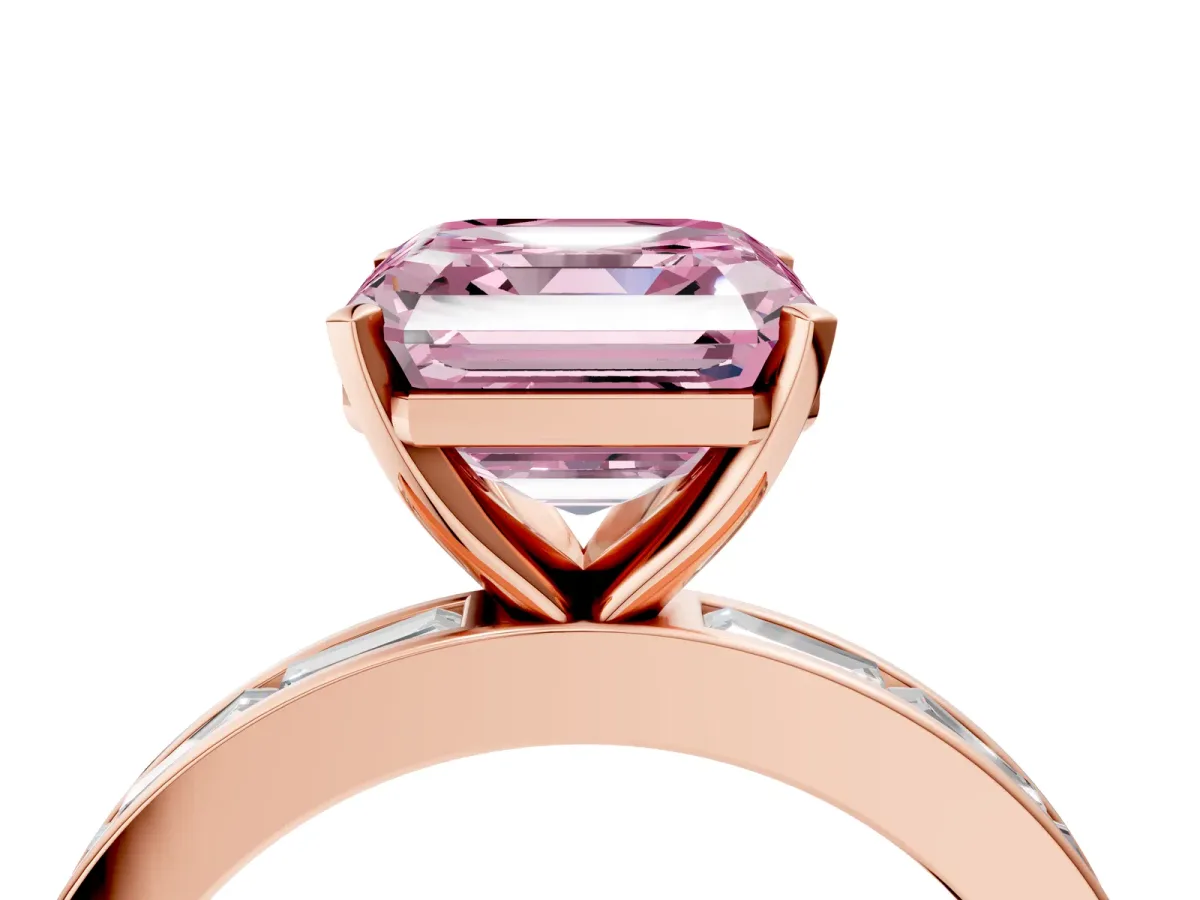 Fancy Pink Asscher Cut Solitaire Diamond Ring with Channel-Set Baguette Band and Four-Prong Setting Rose gold