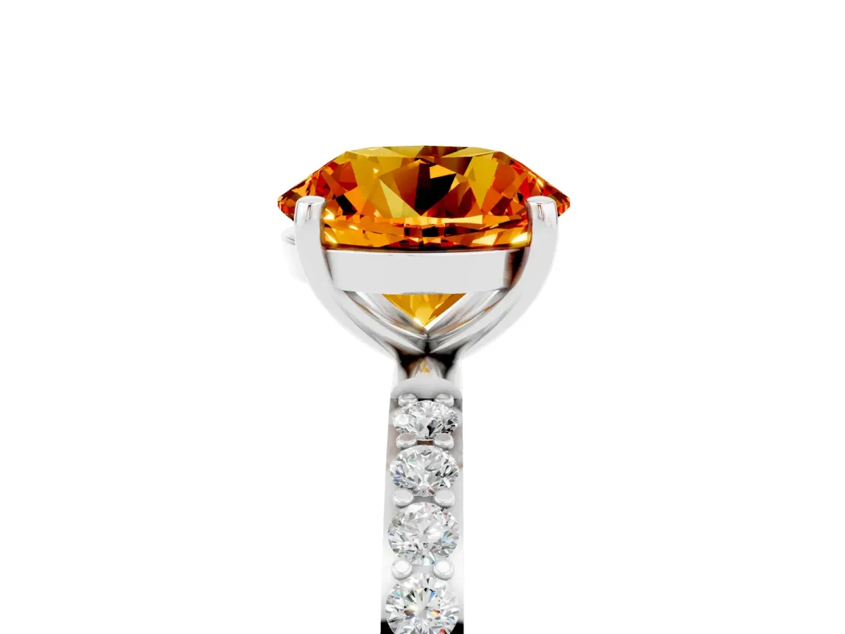 Round Cut Citrine Solitaire Ring with Round Pavé Band and Prong Setting Platinum