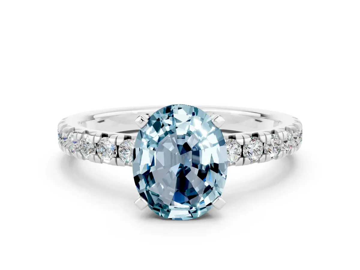 Oval Cut Aquamarine Solitaire Pavé Engagement Ring with Round Band and Prong Setting White gold