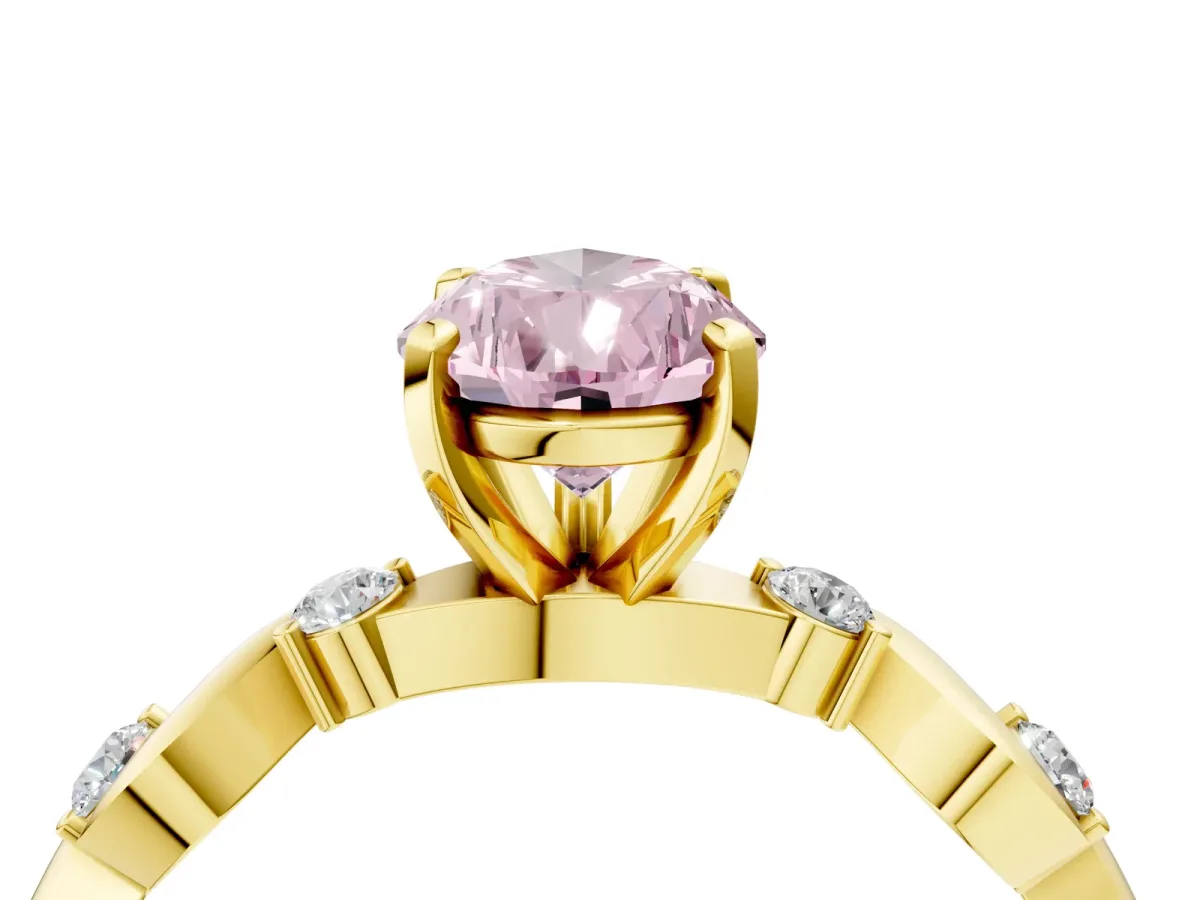 Fancy Pink Pear Cut Diamond Solitaire Twisted Band with Round Accents and Prong Setting Yellow gold
