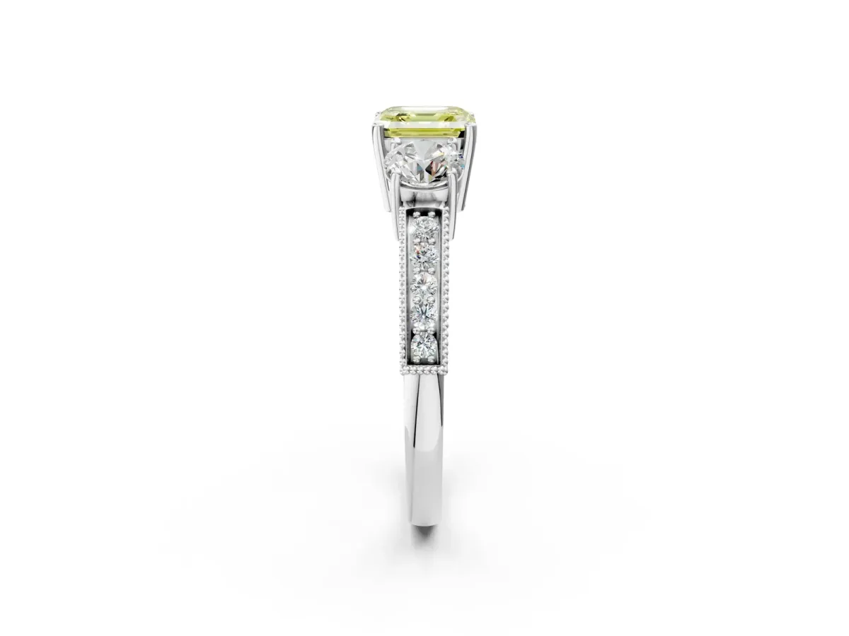 Fancy Yellow Asscher Cut Three-Stone Diamond Ring with Pavé Band and Four-Prong Setting Platinum