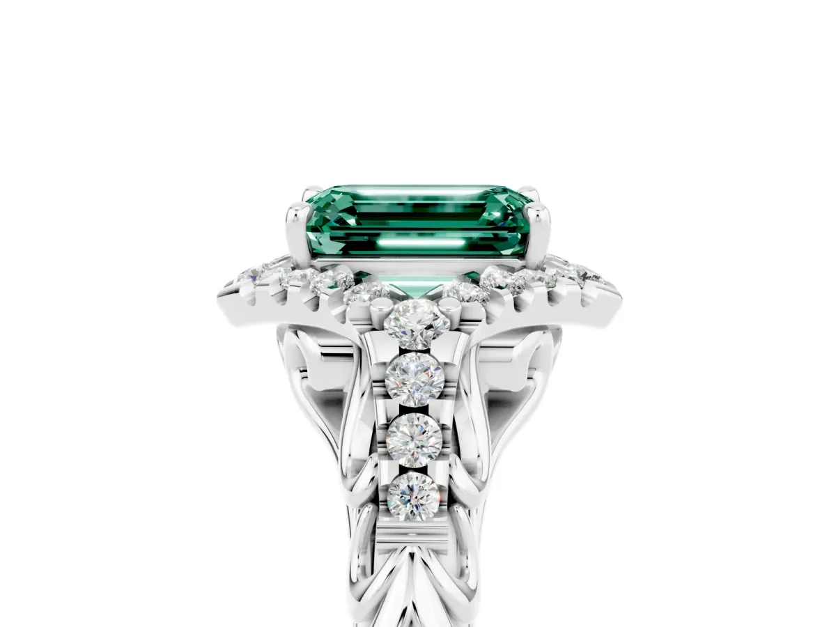 Emerald Cut Green Sapphire Solitaire Ring with Hidden Halo and Pavé Band White gold