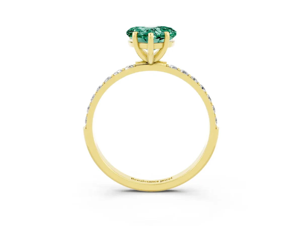 Heart Cut Green Sapphire Solitaire Ring with Round Pavé Band and Prong Setting Yellow gold