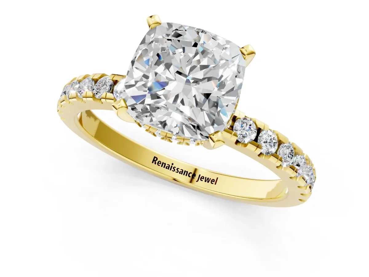 Cushion Cut Diamond Solitaire Ring with Round Moissanite Pavé Band and Four-Prong Setting Yellow gold