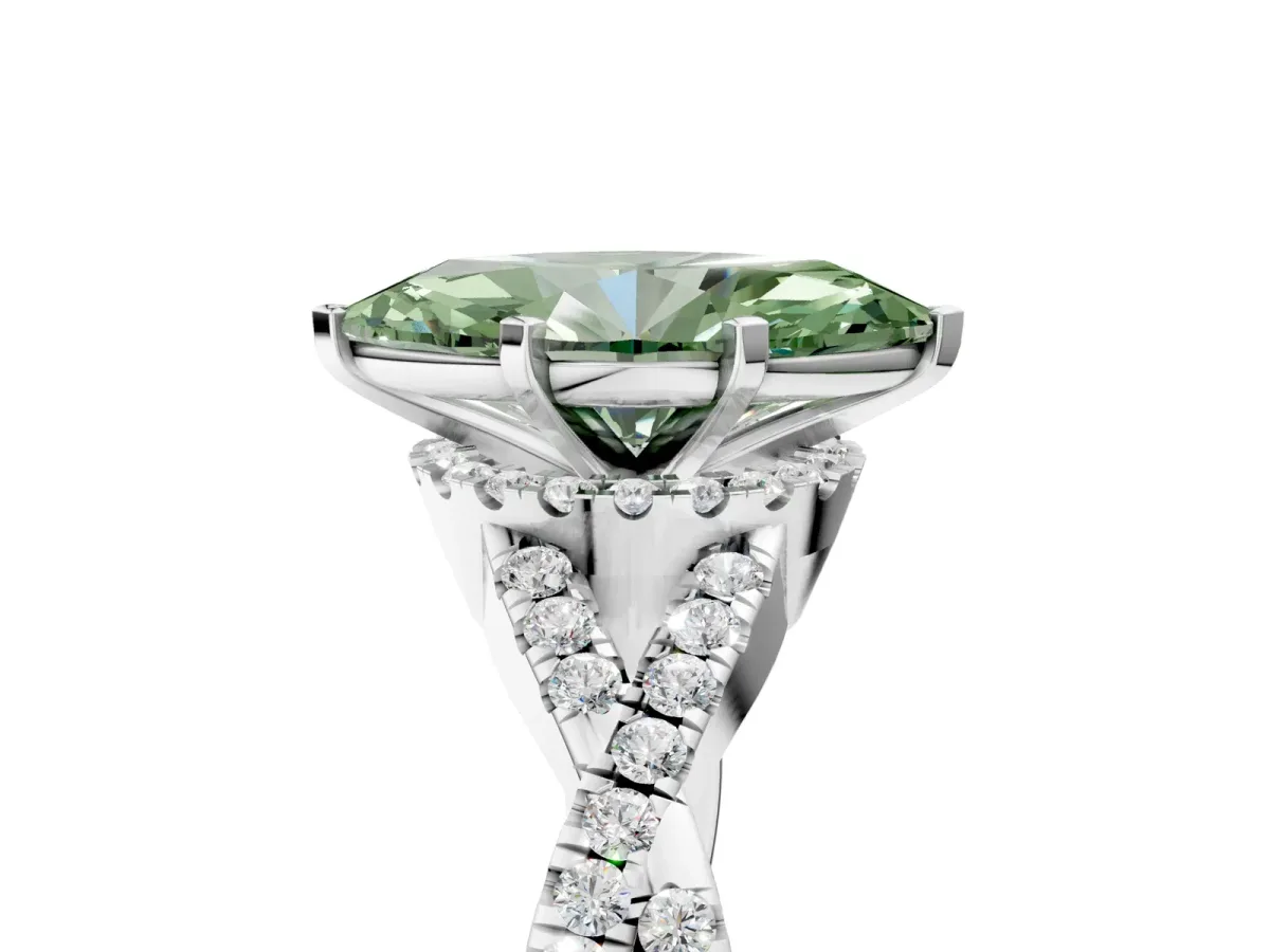 Fancy Green Heart Cut Diamond Halo Twist Band Solitaire Prong Setting Ring White gold