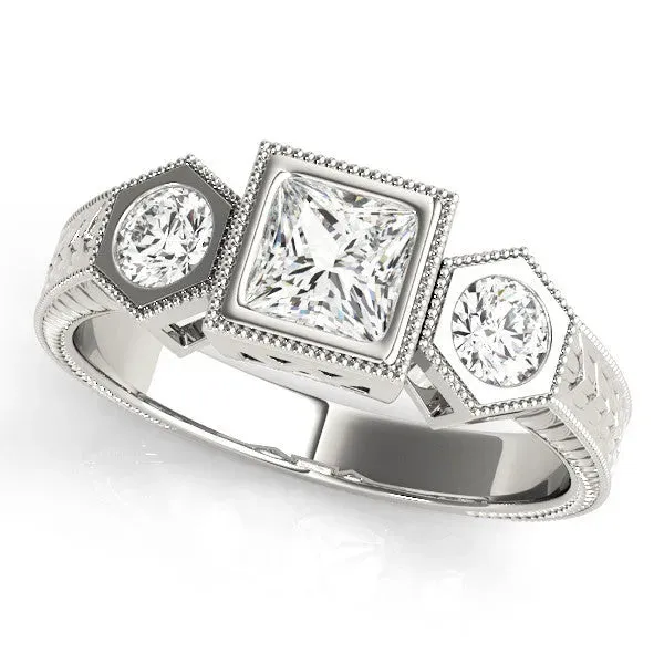 Bezel-Set Princess and Round Cut Milgrain Band Ring Silver