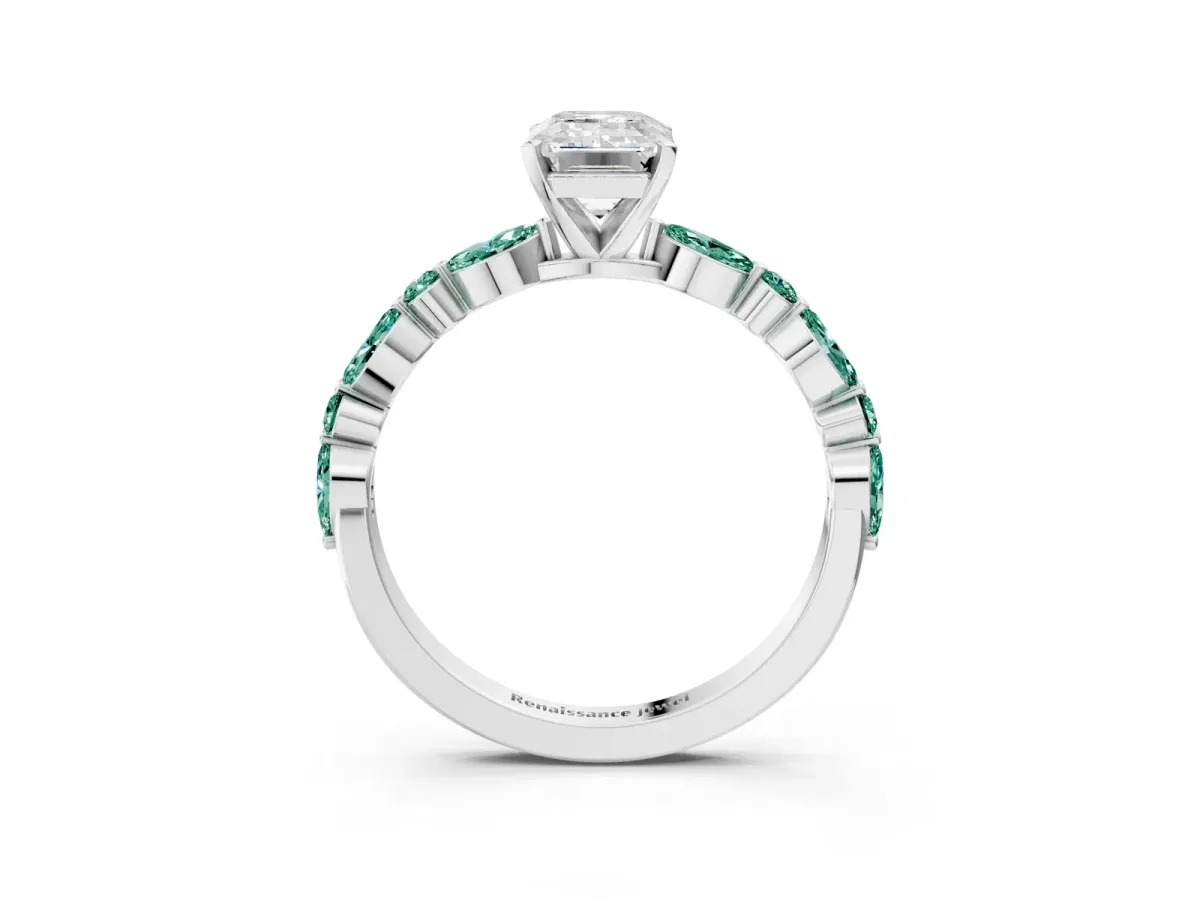 Emerald Cut Diamond Ring with Marquise and Round Green Sapphire Side Stones and Four-Prong Setting White gold