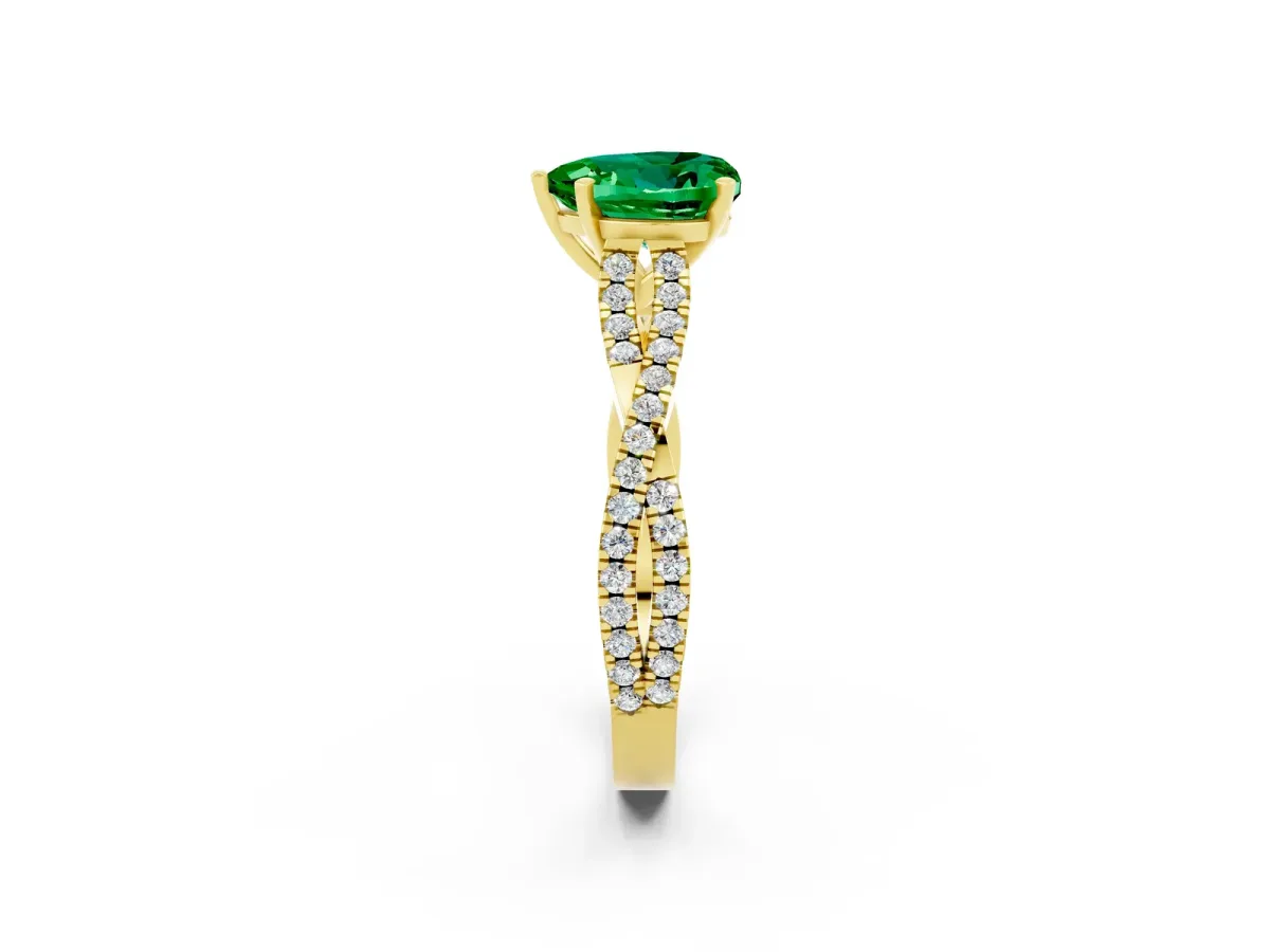 Heart Cut Emerald Solitaire Engagement Ring with Twisted Pavé Band and Four-Prong Setting Yellow gold