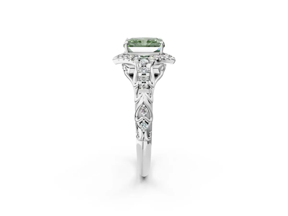 Fancy Green Radiant Cut Diamond Solitaire Ring with Hidden Halo and Pavé Band White gold
