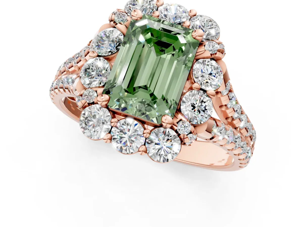 Fancy Green Emerald Cut Halo Split Shank Diamond Engagement Ring with Pave Band and Four-Prong Setting Rose gold