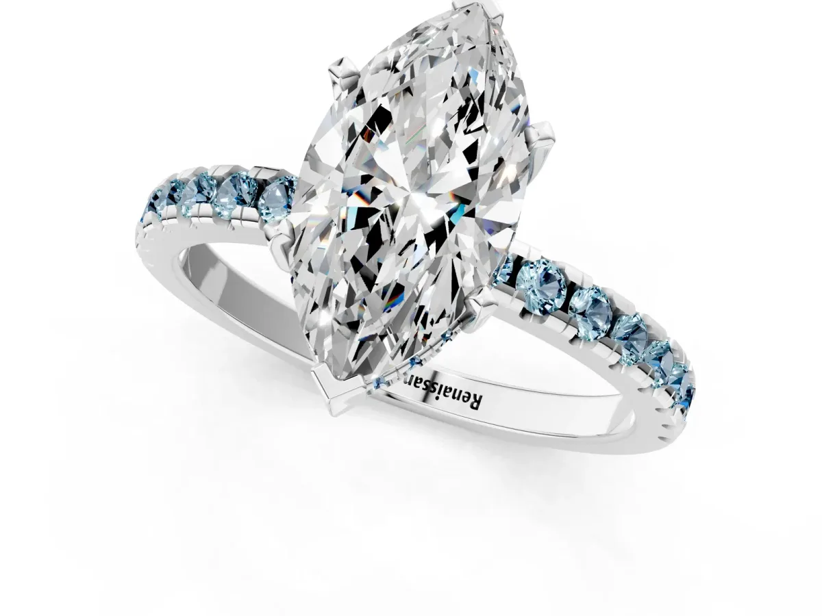 Marquise Cut Diamond Solitaire Ring with Round Aquamarine Pavé Band and Four-Prong Setting Platinum