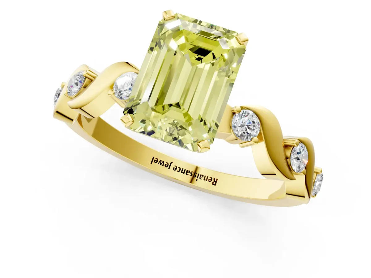 Fancy Yellow Emerald Cut Diamond Solitaire Twisted Band with Round Accents and Prong Setting Yellow gold