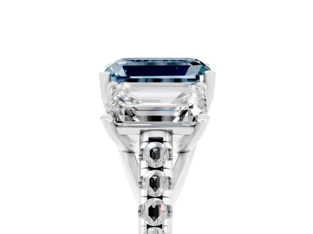 Three-Stone Emerald Cut Aquamarine Ring with Round Pavé Band and Prong Setting Silver