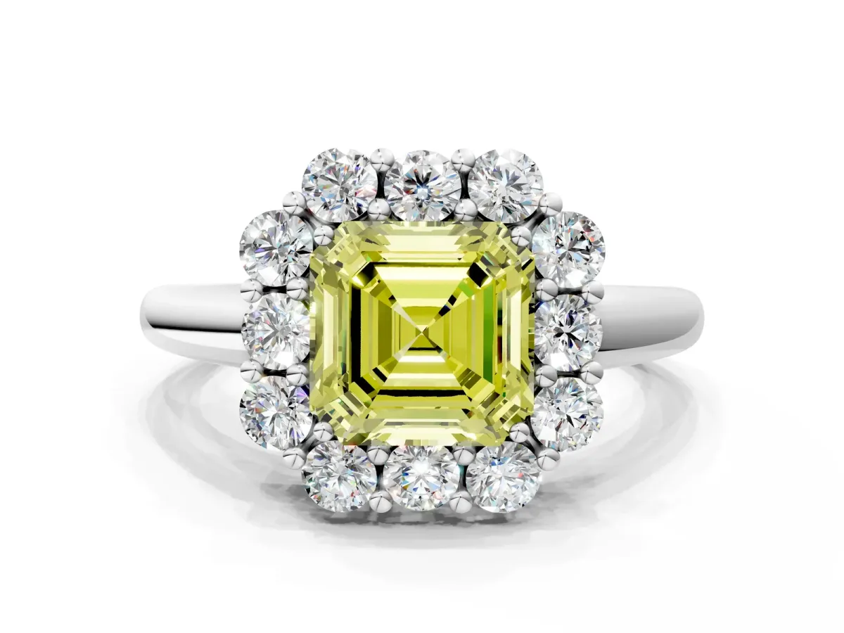 Fancy Yellow Asscher Cut Halo Milgrain Solitaire with Bezel Set Side Stones and Pave Band Platinum